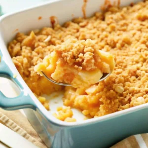 Golden pineapple casserole with a buttery cracker topping, garnished with parsley.